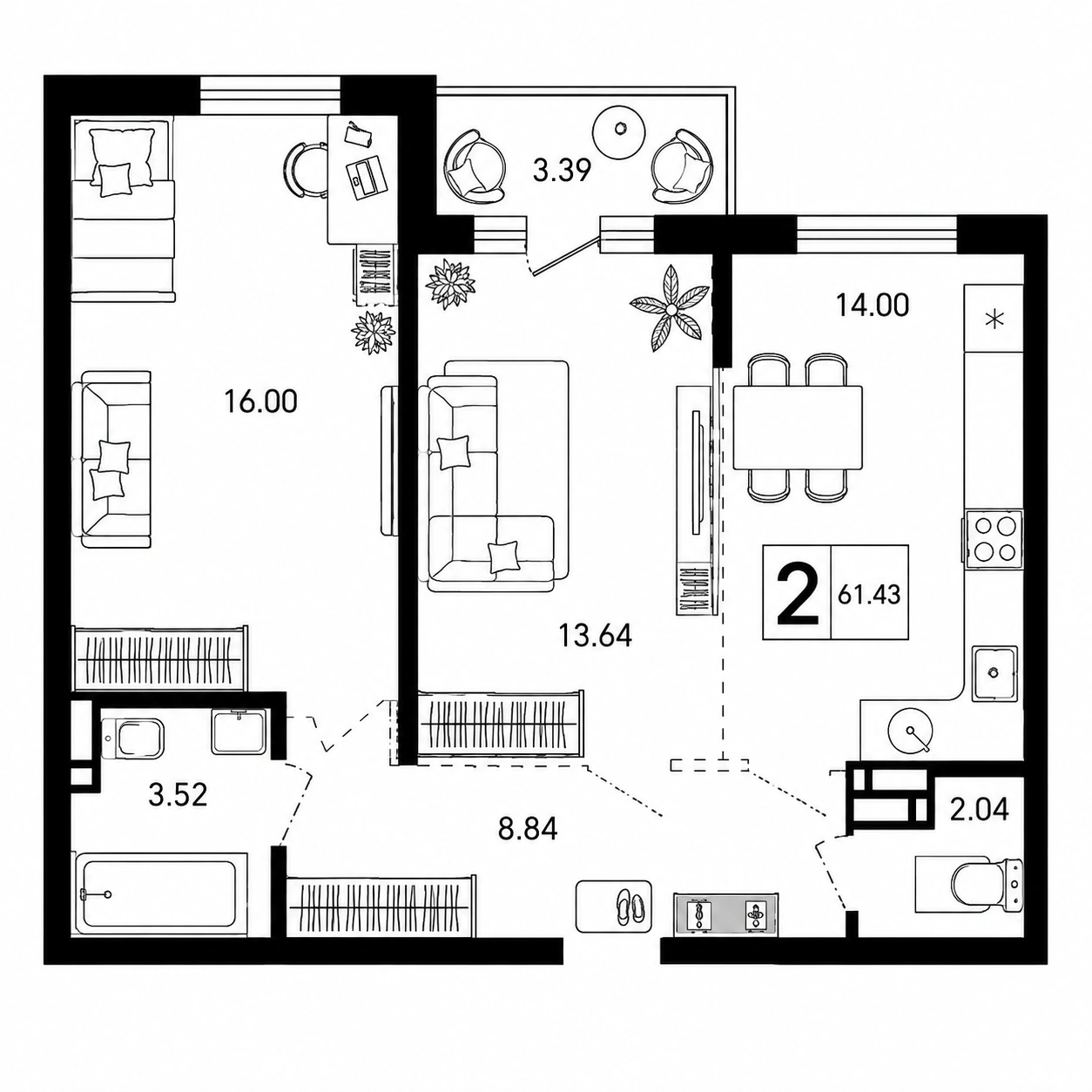 Планировка Светский лес 61,43 м²