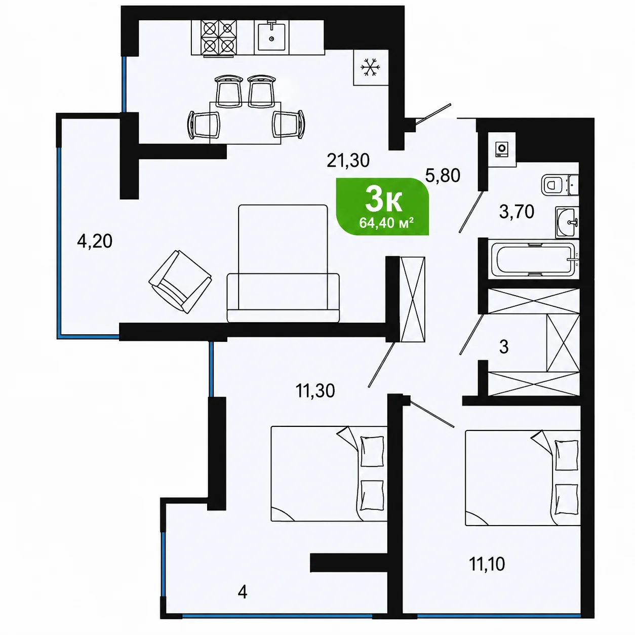 Планировка Сочи Парк 65,2 м²