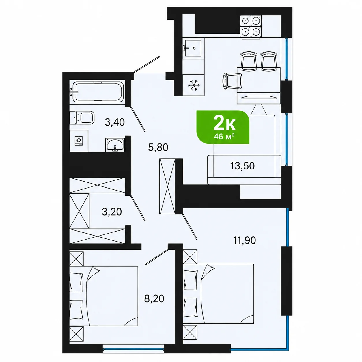 Планировка Сочи Парк 45,2 м²