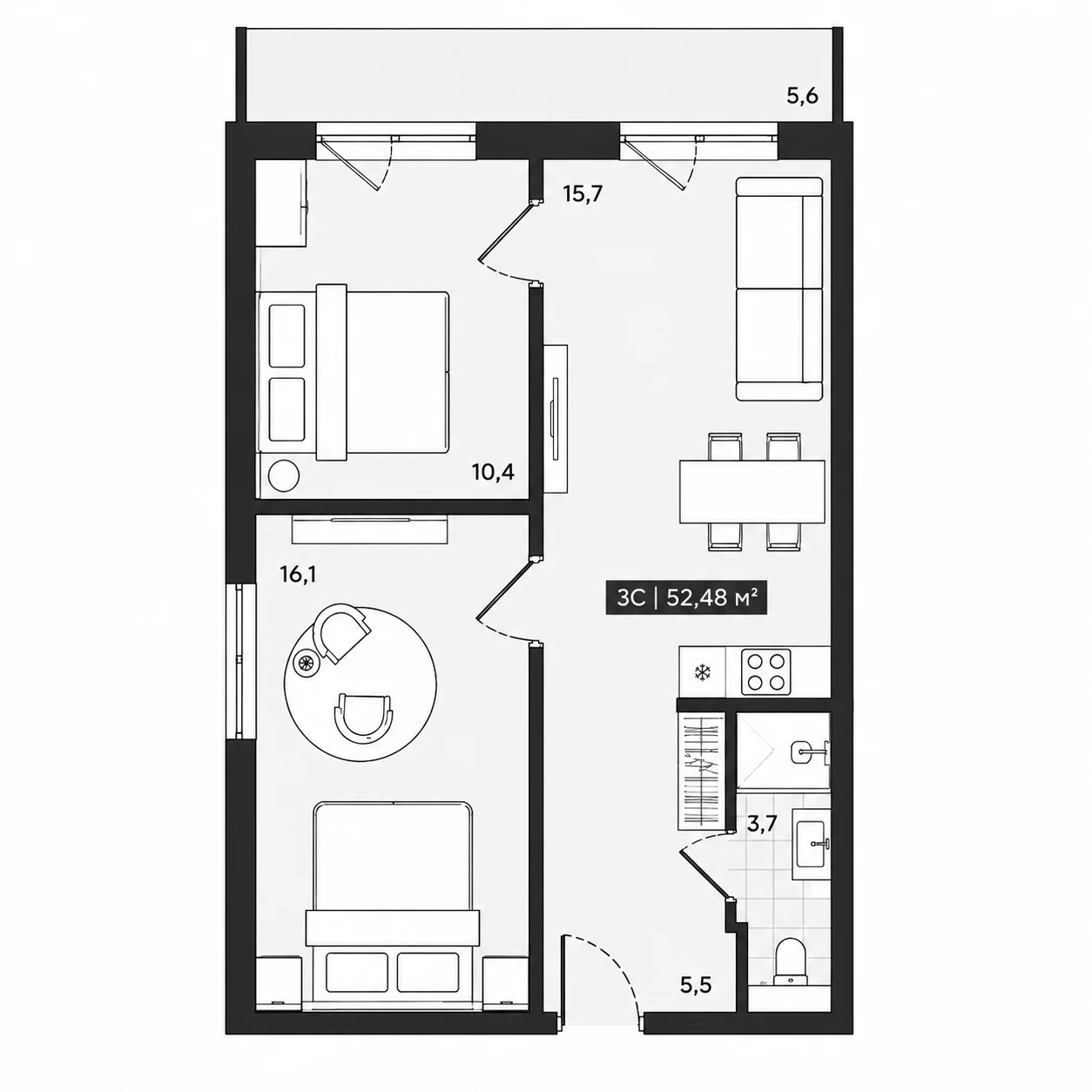 Планировка Алтын Шор 52,48 м²