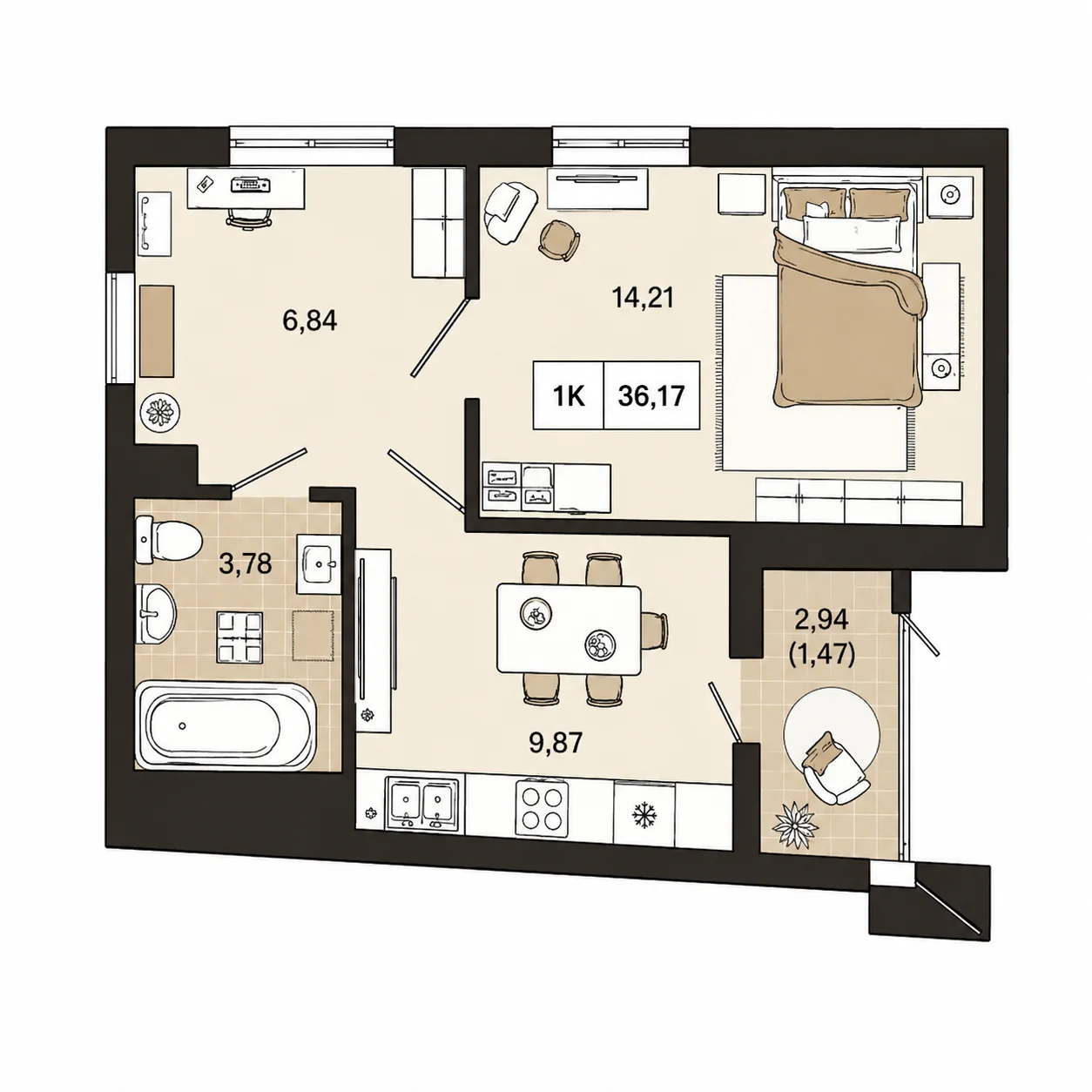 Планировка Отражение 36,17 м²